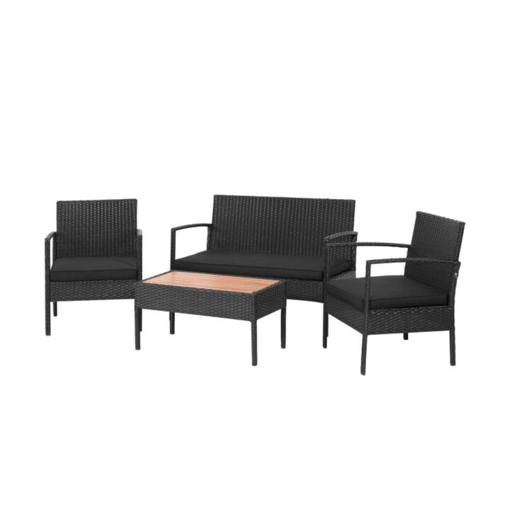 4 Pieces Patio Rattan Furniture Set with Cushioned Chair and Wooden Tabletop