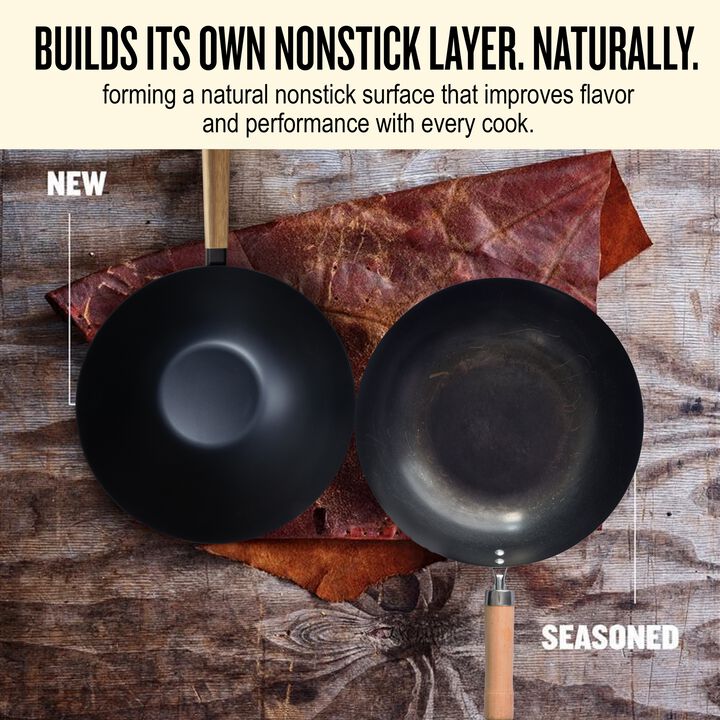 Alva Forest Naturally Nonstick Carbon Steel Wok Pan 12" - Acacia Wood Handle, Pre-Seasoned and Made without PFAS, PFOA & PTFE - Induction and All Stovetop Compatible with Even Heat Distribution.