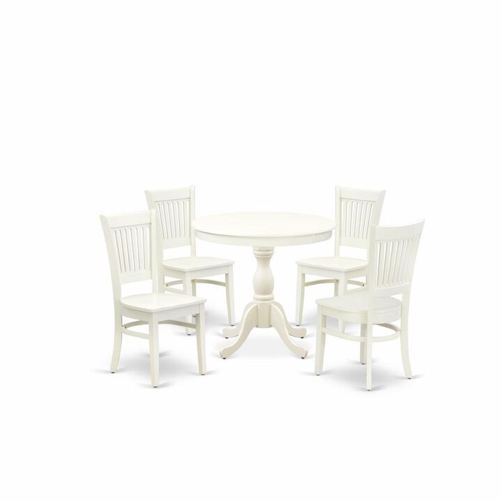 East West Furniture AMVA5-LWH-W - 5-Pc Dinette Set- 4 dining room chairs and Modern dining room table - Wooden Seat and Slatted Chair Back (Linen White Finish)