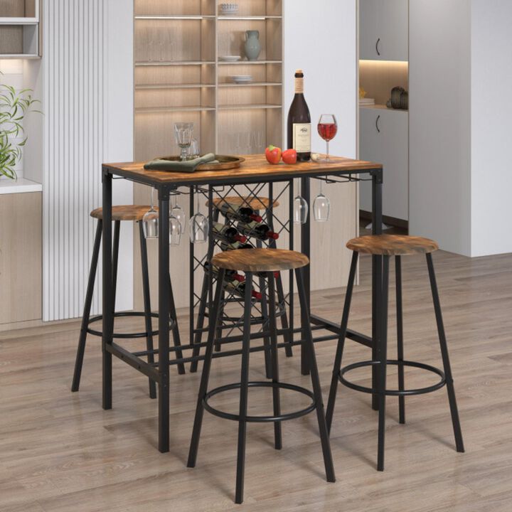 Hivvago 5 Pieces Bar Table and Stools Set with Wine Rack and Glass Holder-Rustic Brown