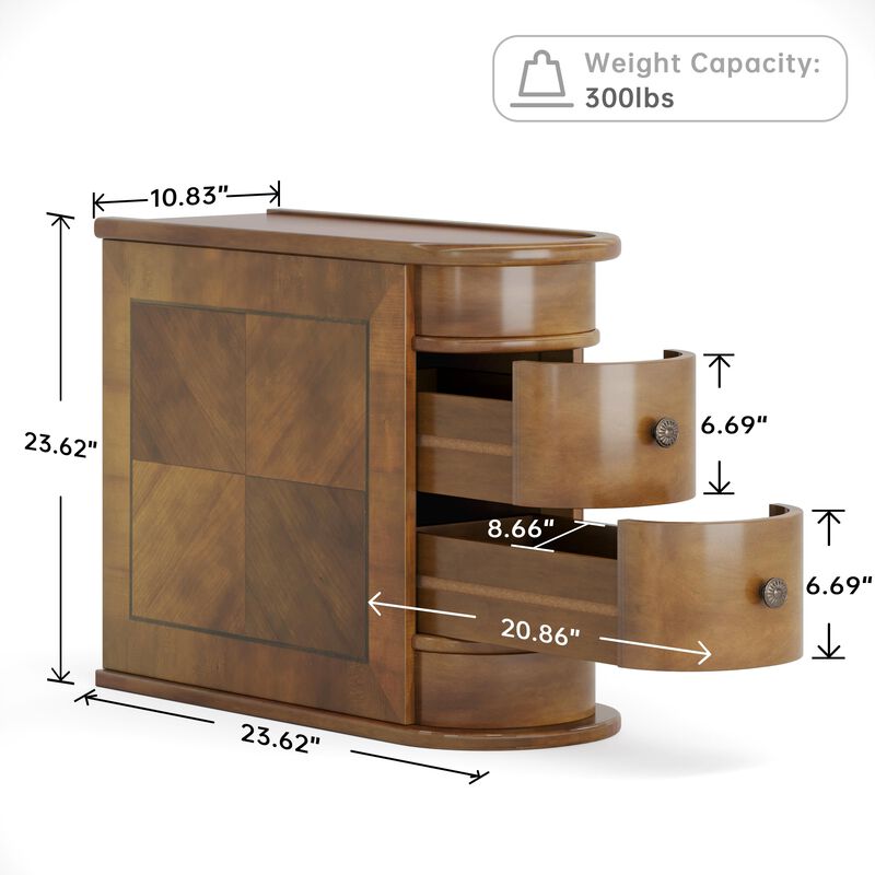 Trggivs Solid Wood End Table with 2 Drawers and Shelves, No Assembly Required Narrow Sofa Side Table for Living Room, Vintage Sl