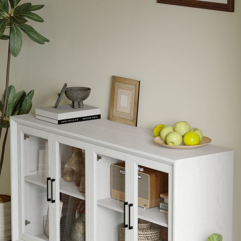 FUFU&GAGA Classic White Woodgrain Large Beveled Edge Storage Cabinet with 4 Glass Doors & 2 Shelves, Black Metal Handles, Solid Wood Legs (60.4" W x 34.3" D x 15.7" H)