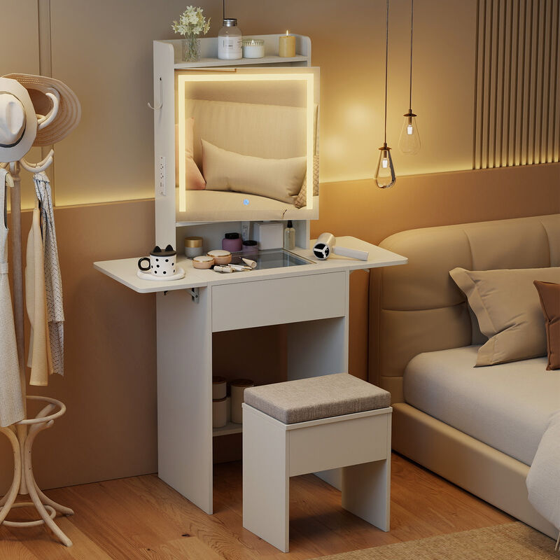 Bedroom Vanity Desk with Mirror Lights and Compact Storage Design image number 4