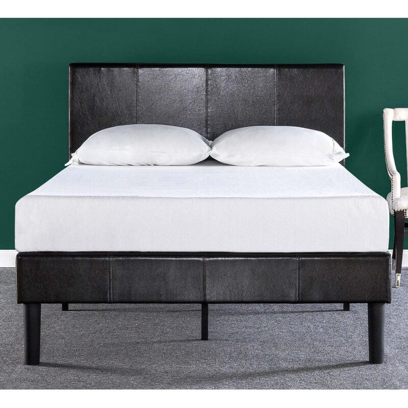 Hivvago Queen Espresso Faux Leather Platform Bed Frame with Headboard