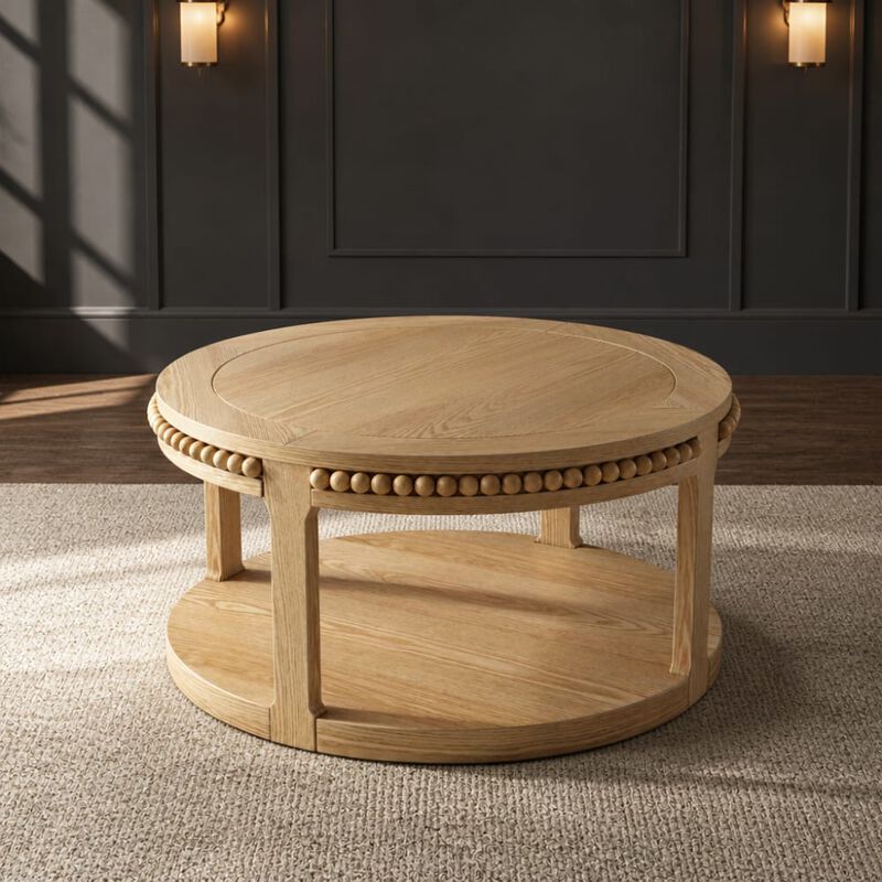 GOODSILO 31.5 Inch Two-Tier Round Solid Wood Coffee Table and Sofa Table Sturdy Thickened Top Heavy-Duty Circle Accent Table for Living Room Lounge and Sofa Areas image number 2