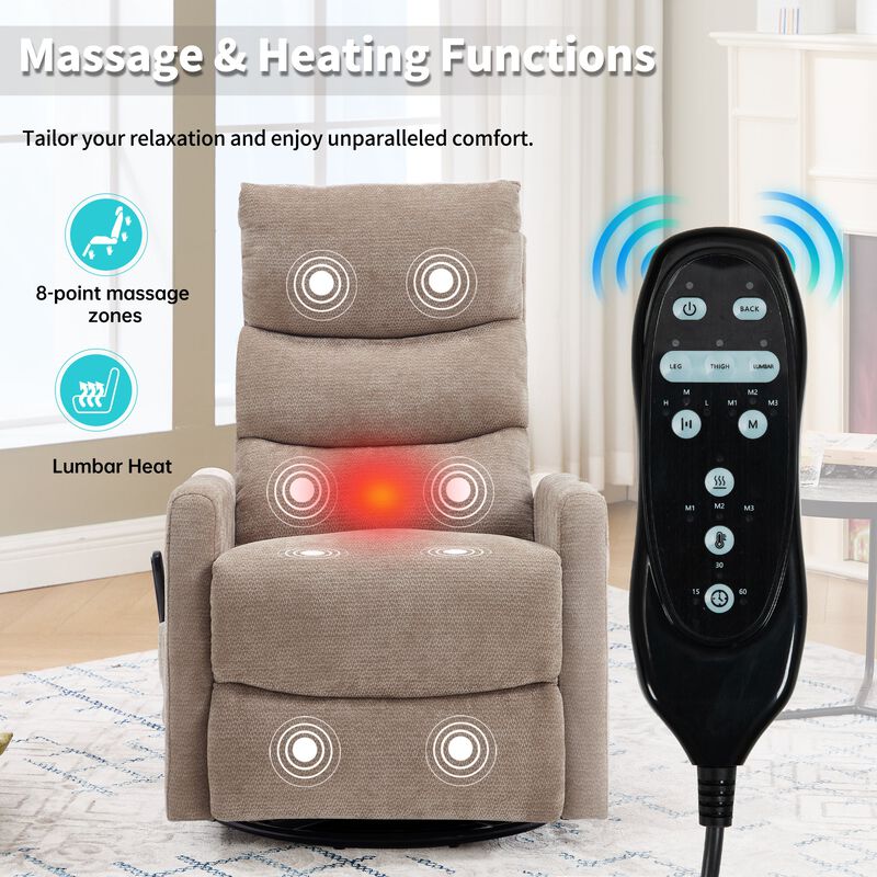 Chenille Manual Recliner Chair Swivel Rocker Recliner with Heat & Massage image number 3