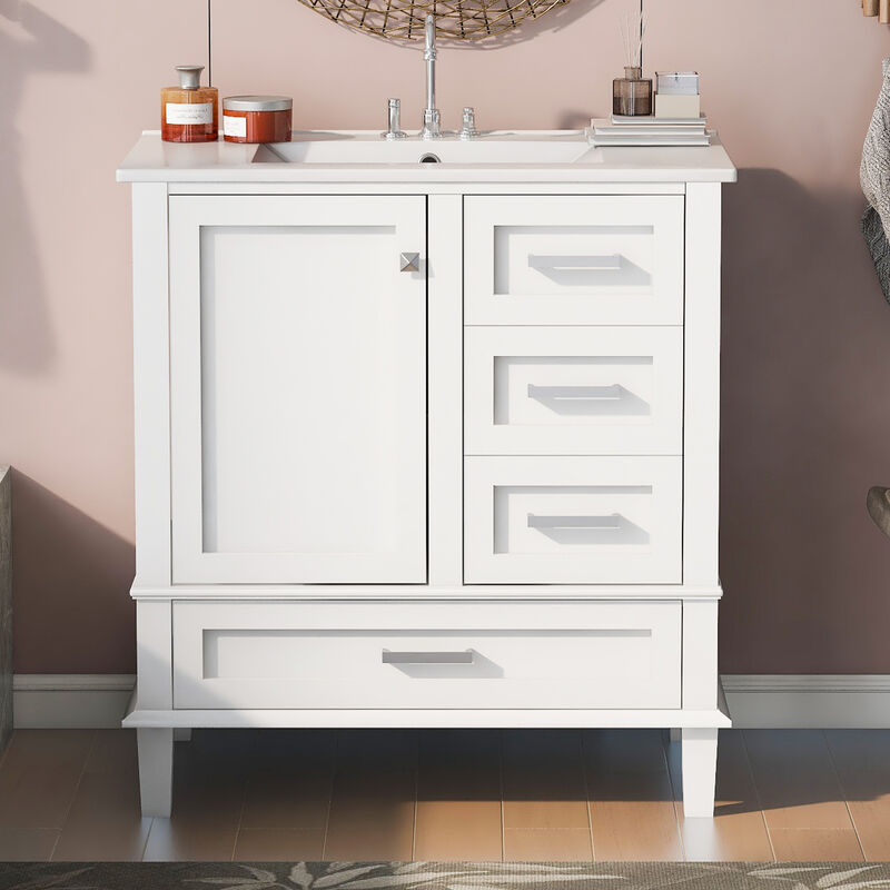 Whisen 30 in. Bathroom Storage Cabinet Bathroom Vanity with Ceramic Sink, Soft Close Door and 3 Drawers