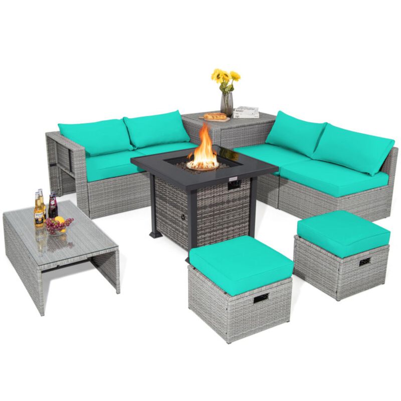Hivvago 9 Pieces Outdoor Patio Furniture Set with 32-Inch Propane Fire Pit Table