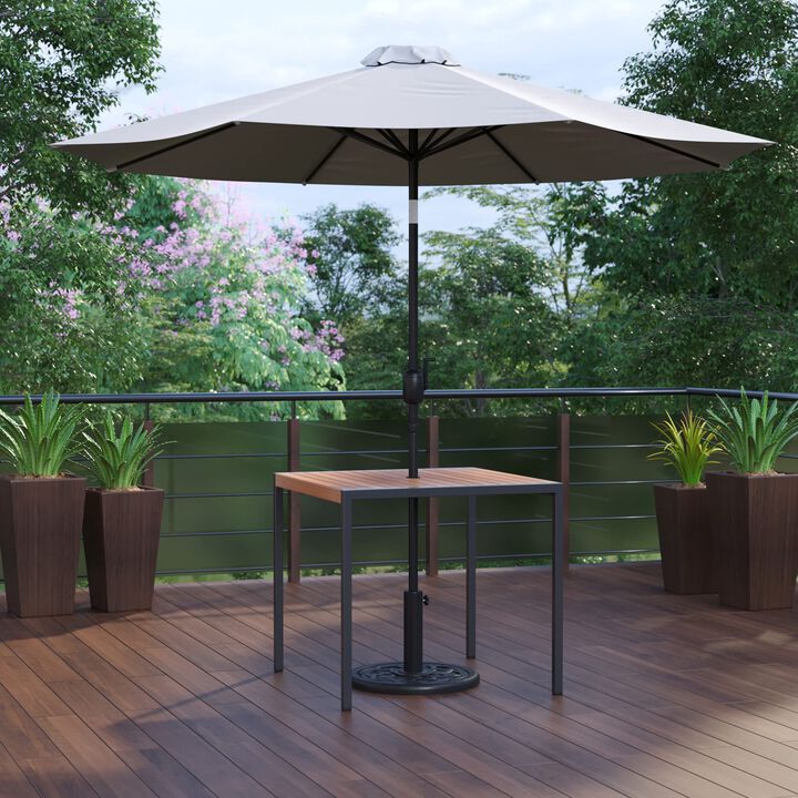 Flash Furniture Lark 3 Piece Outdoor Patio Table Set - Natural Faux Teak Dining Table - 35" Square Synthetic Teak Table with Umbrella Hole - Gray Umbrella with Base
