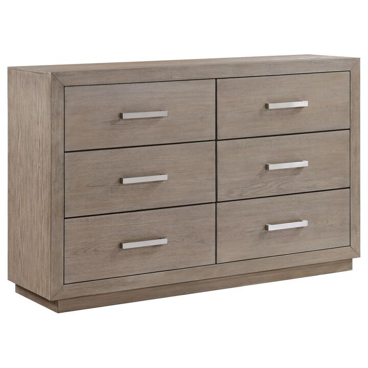 Keno Wide Dresser, 6 Drawers, Metal Bar Handles, Brown Acacia Wood - Benzara