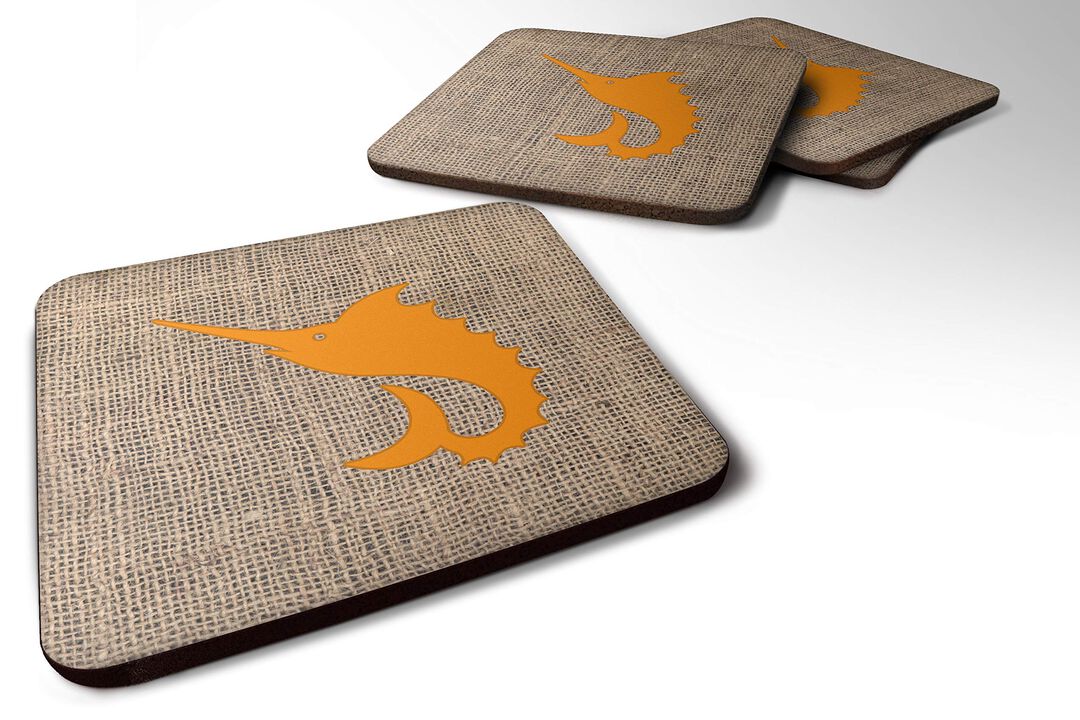 Caroline's Treasures BB1097-BL-OR-FC Fish-Sword Fish Burlap and Orange Foam Coasters (Set of 4), 3.5 H x 3.5 W, Multicolor