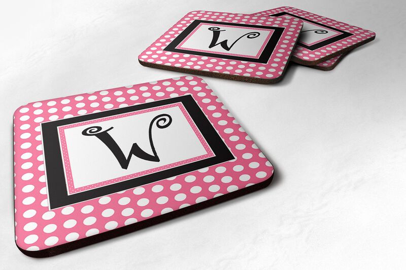 Caroline's Treasures CJ1001-WFC Monogram-Pink Black Polka Dots Foam Coasters (Set of 4), Initial Letter W, 3.5 H x 3.5 W, Multicolor