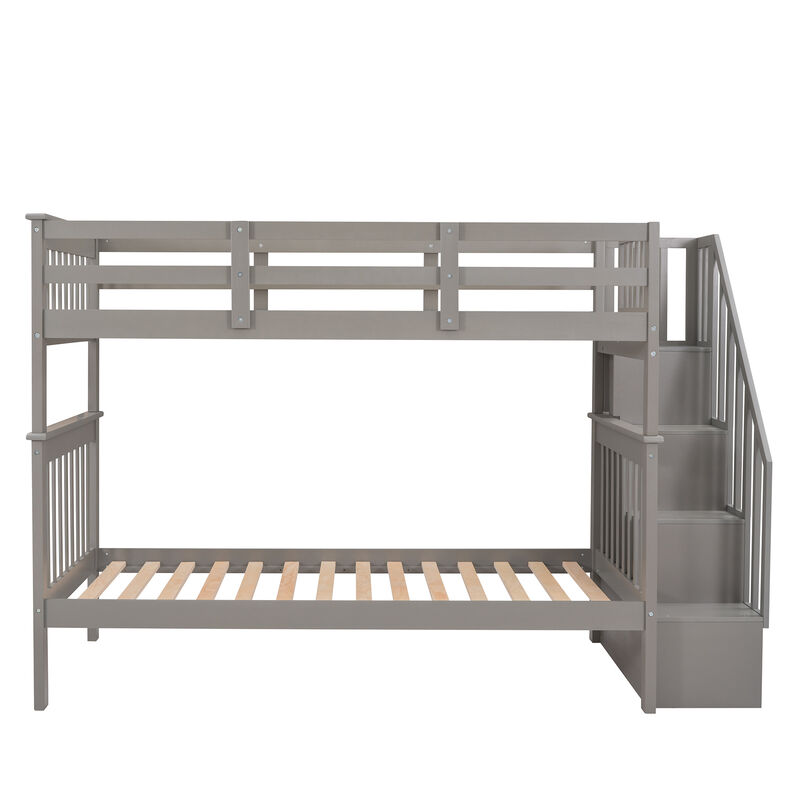 Whisen Stairway Twin-Over-Twin Bunk Bed with Storage and Guard Rail for Bedroom, Dorm- Grey
