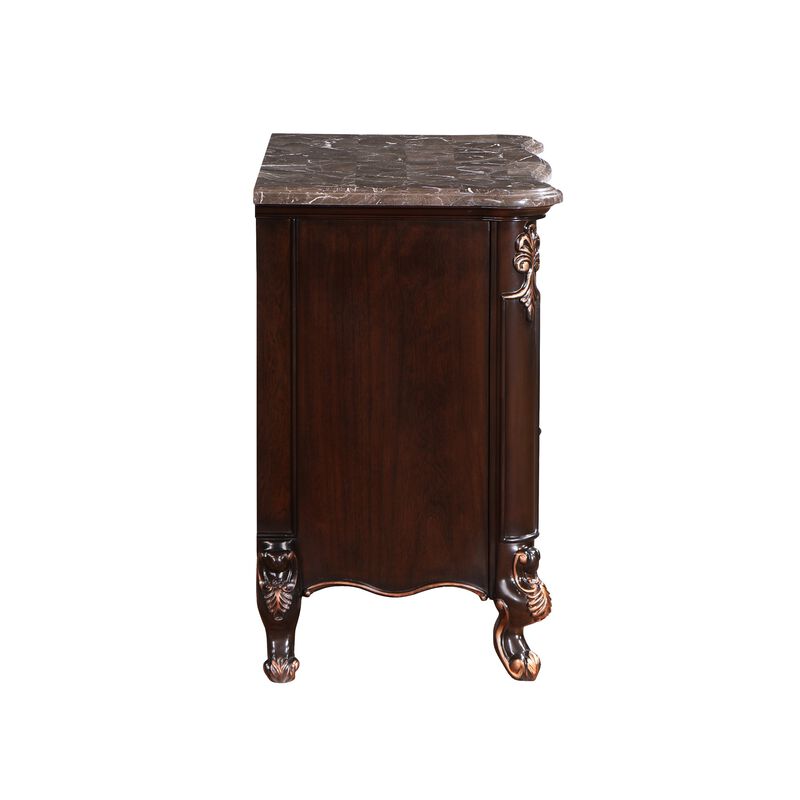Leon 32 Inch 2 Drawer Nightstand, Carved Details, Marble Surface, Brown - Benzara