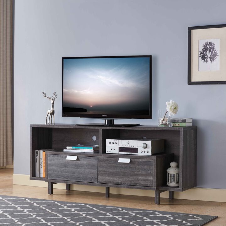 Distressed Grey TV Stand with 2 Drawers 2 Shelf Spacing Entertainment Center