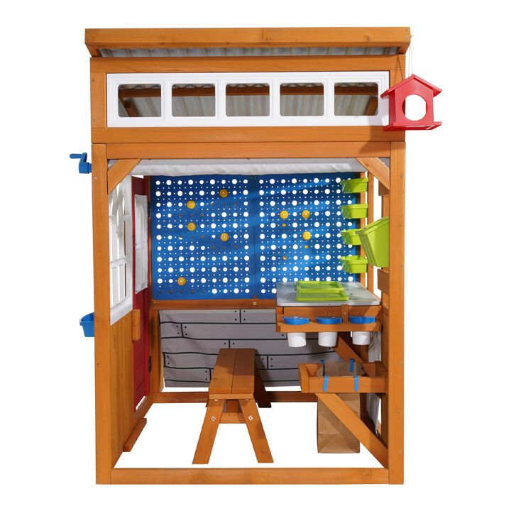 Outdoor Kids Playhouse with Doorbell, Storage Pocket and Gravity Wall Set-Brown