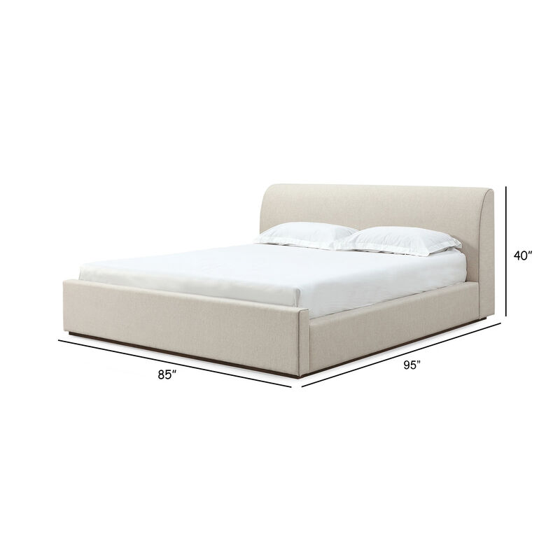 Reza King Size Platform Bed, Sleigh Headboard, Low Profile, Beige Linen - Benzara