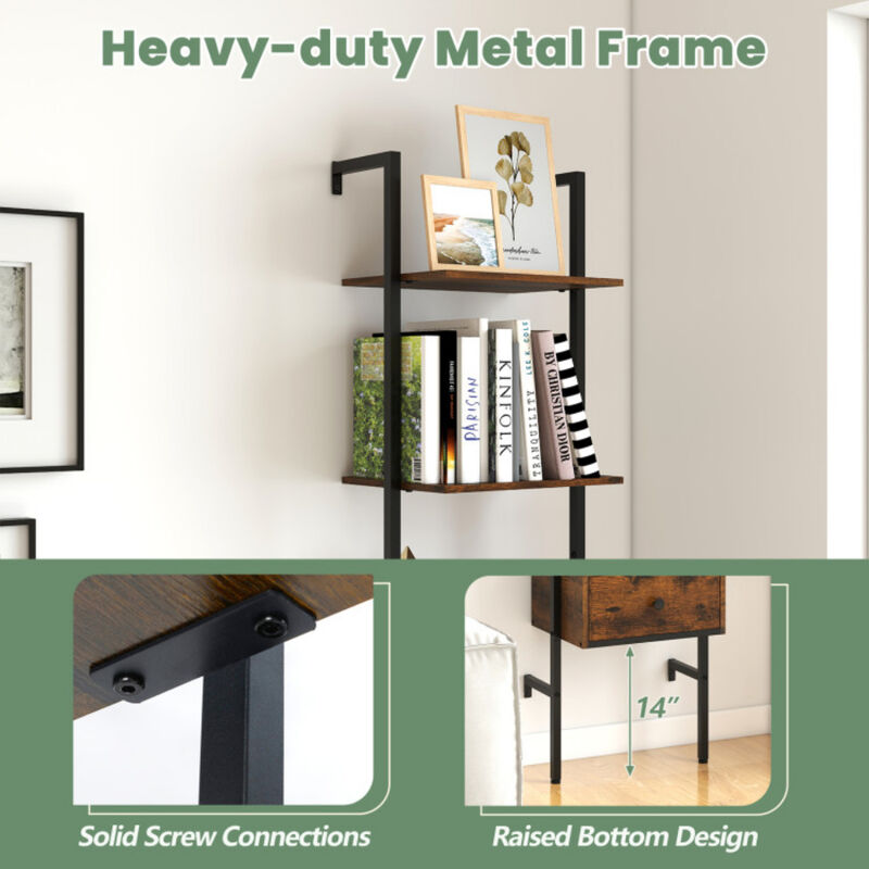 Rustic Brown 4 Tier Ladder Bookcase with Drawer, Metal Frame Storage Shelf image number 8