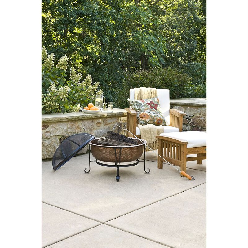 Hivvago Hammered Copper Fire Pit with Heavy Duty Spark Guard Cover and Stand