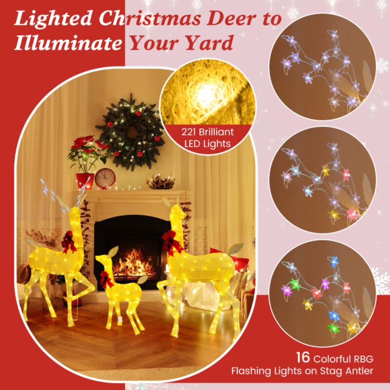 Hivvago 3 Pieces Lighted Family Deer Set with LED Lights and RGB Flashing Lights