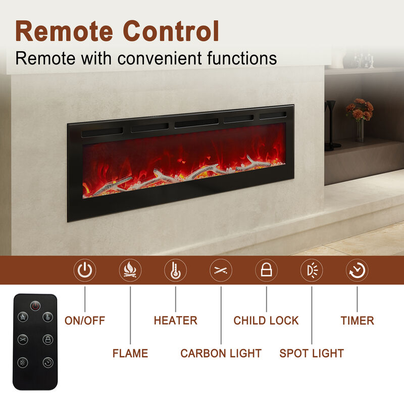 MONDAWE 60" Wall-Mounted Recessed Electric Fireplace 4780 BTU Heater with Remote Control Adjustable Flame Color & Temperature Setting