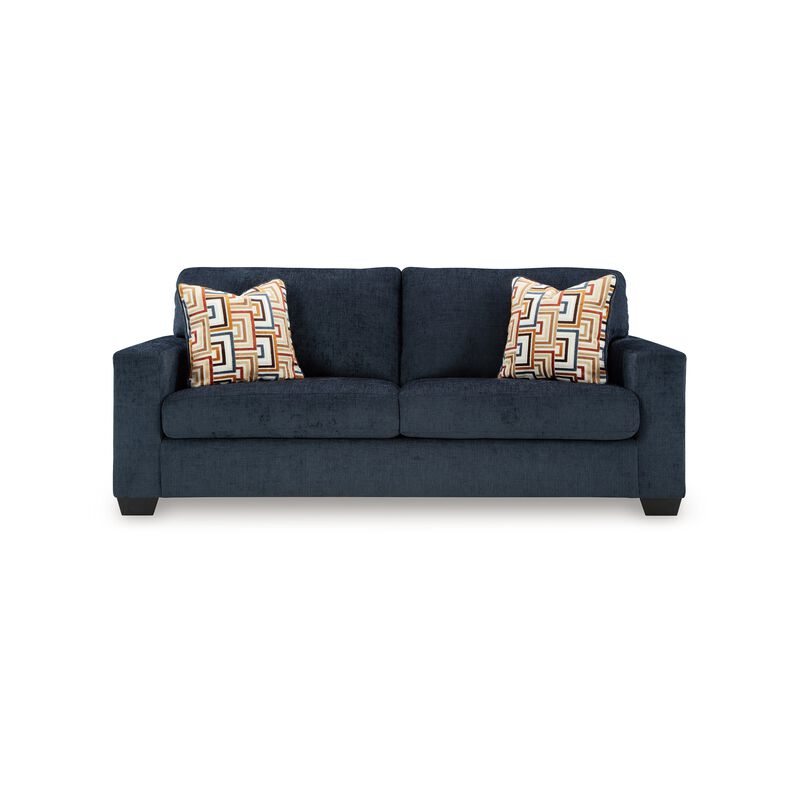 Avie Sofa, 2 Accent Pillows, 85 Inch, Black, Soft Navy Blue Polyester - Benzara