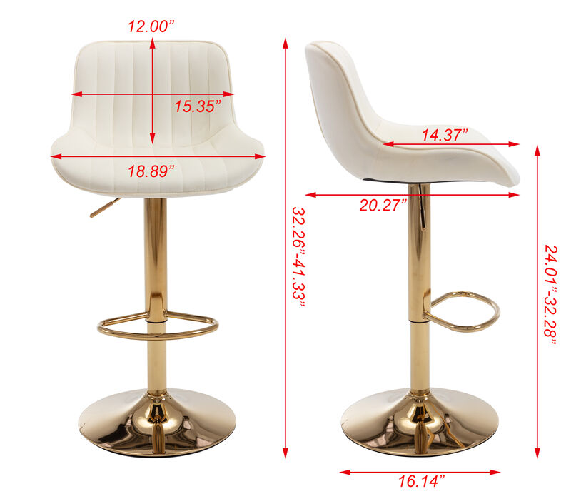 Chrome Footrest and Base Swivel Height Adjustable Mechanical Lifting Velvet + Golden Leg Simple Bar Stool, Set of 2, Ivory