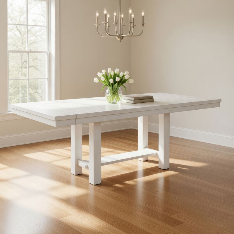 Fleur Dining Table with 2 Extension Leaves, White Wood, 62-86 Inch image number 1