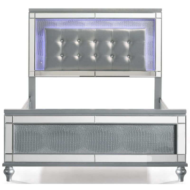 Lee Queen Size Bed, LED, Tufted Faux Leather Upholstery, Textured Silver - Benzara