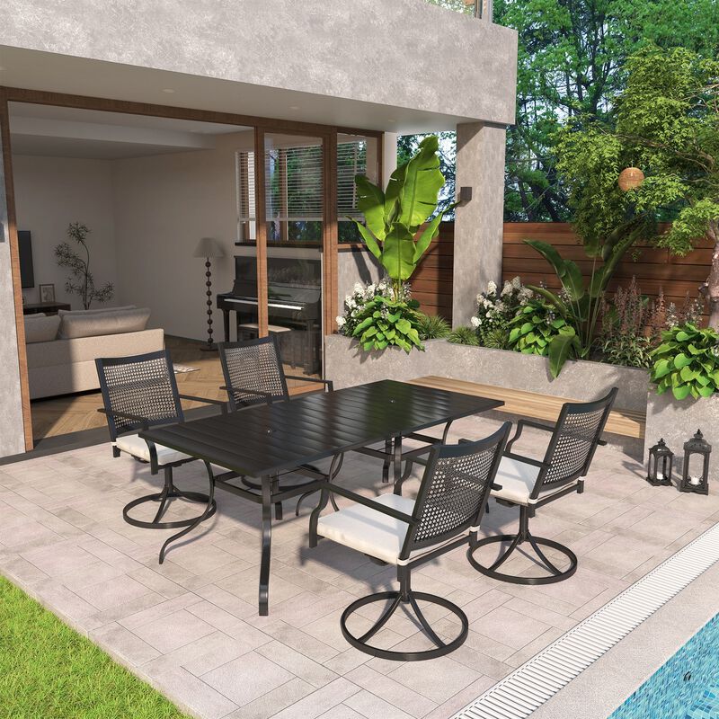 MONDAWE 6-Piece Patio Dining Set With  2 Pcs Square Steel Tables And 6 Pcs Steel Mesh Swivel Chairs, Black