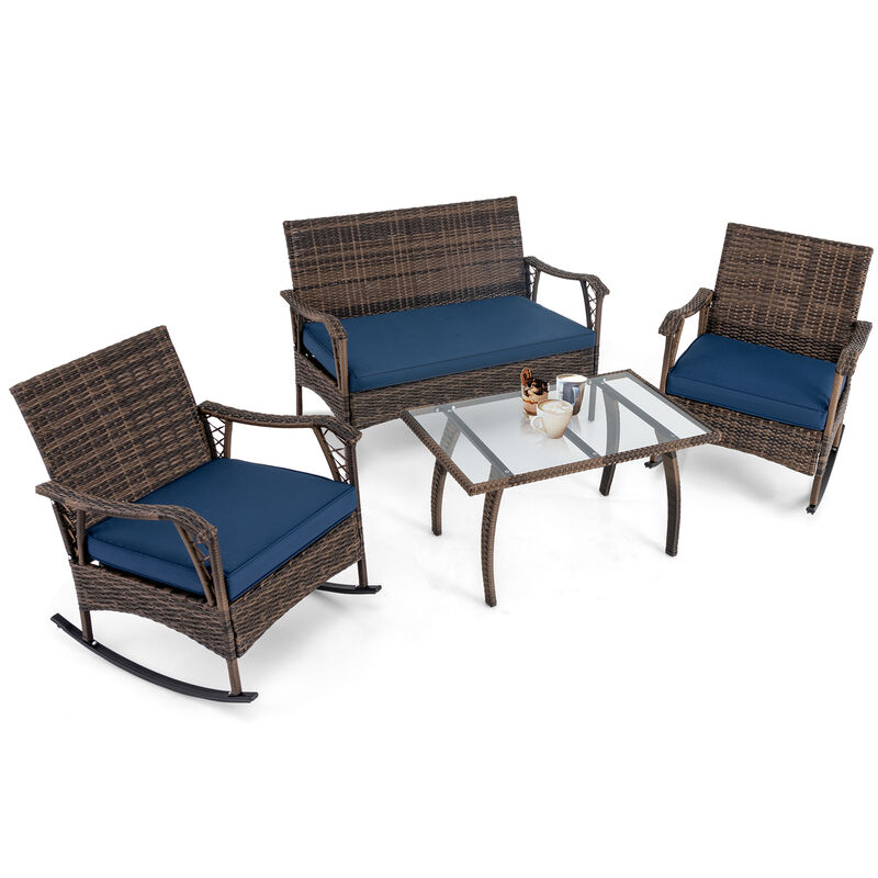 4-Piece Wicker Rocking Set with Bungee Rope Seat – Comfortable Outdoor Chairs for Porch or Yard