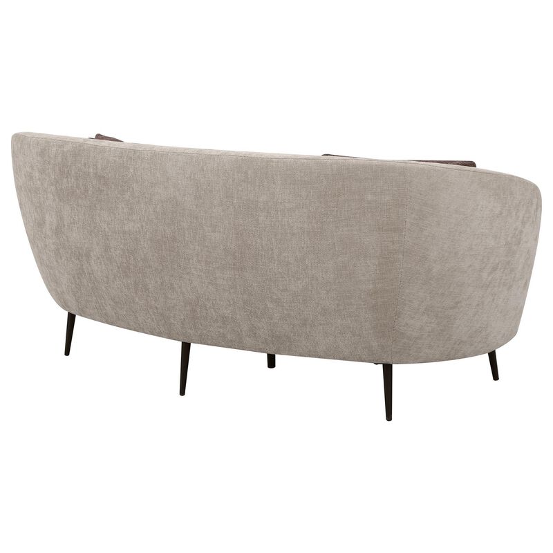 Zui Curved Loveseat, 84 Inch Beige, Round Design, 2 Accent Pillows - Benzara