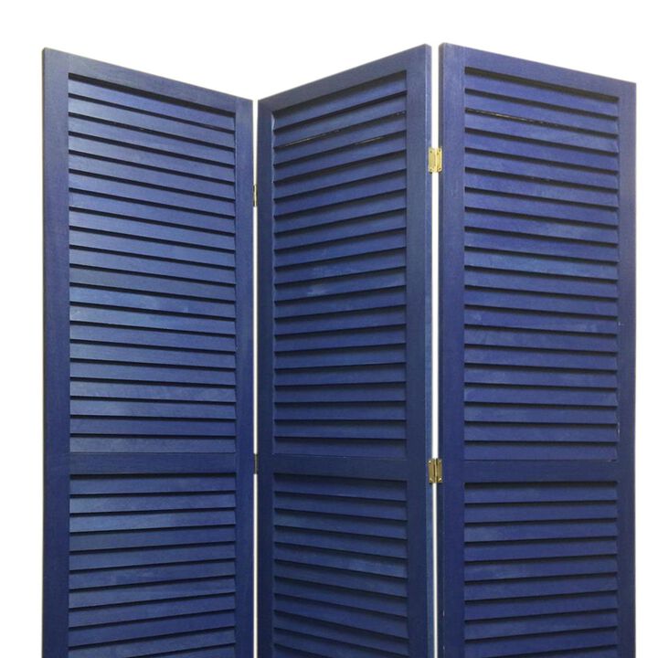 3 Panel Foldable Wooden Shutter Screen with Straight Legs, Blue-Benzara