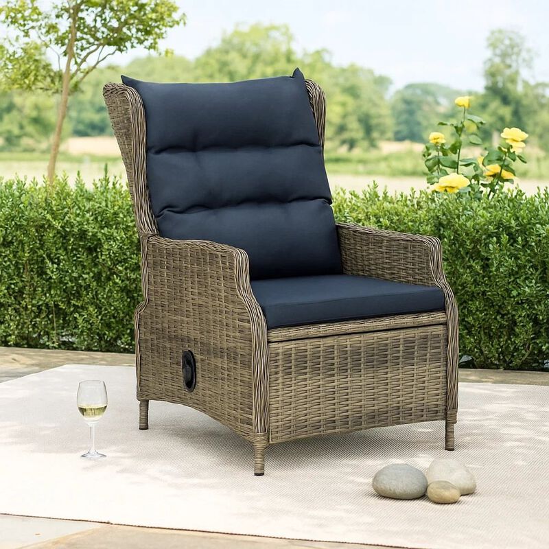 Outdoor Manual Reclining Chair, 2 Cushions, Brown Woven Poly Rattan