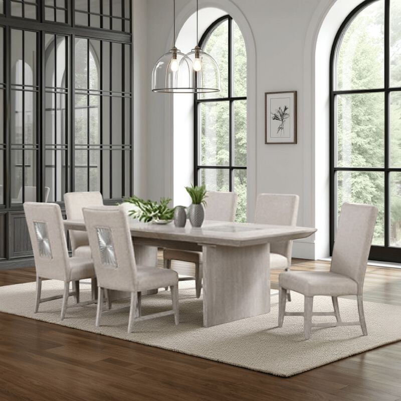 Diaz 7pc Dining Table Set, Extendable Leaf, 6 Fabric Chair, Gray Wood - Benzara