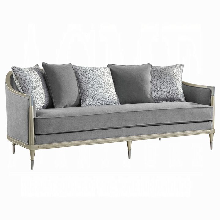 Fero Sofa with 5 Pillows, Gray Chenille, Champagne Wood Trim, 87 Inch