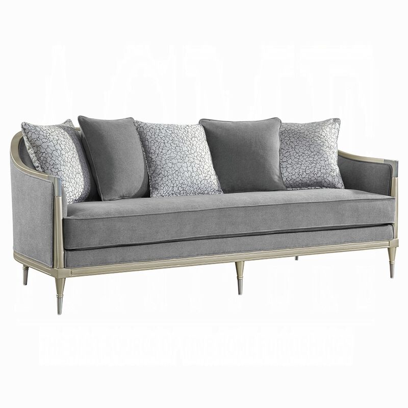 Fero Sofa with 5 Pillows, Gray Chenille, Champagne Wood Trim, 87 Inch image number 0