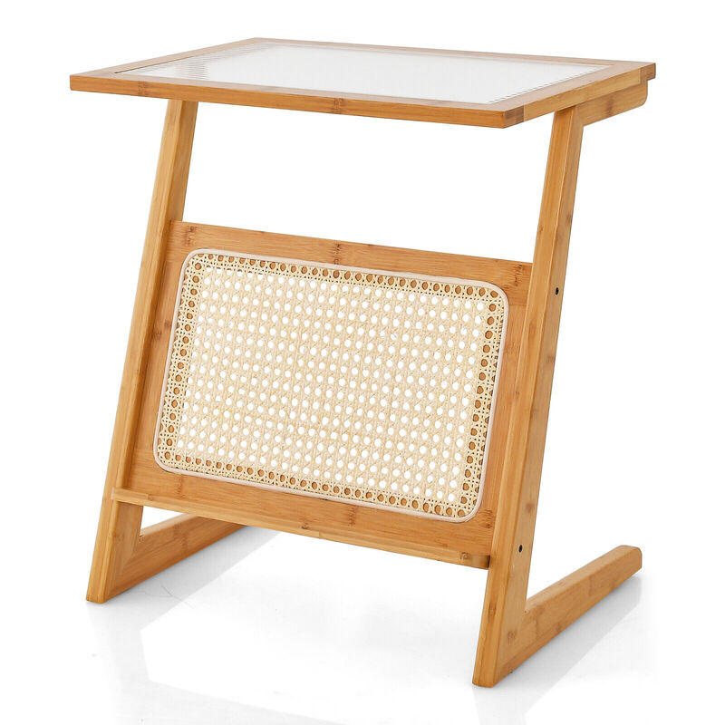 Z-shaped End Table with Magazine Rack and Rattan Shelf-Natural image number 1