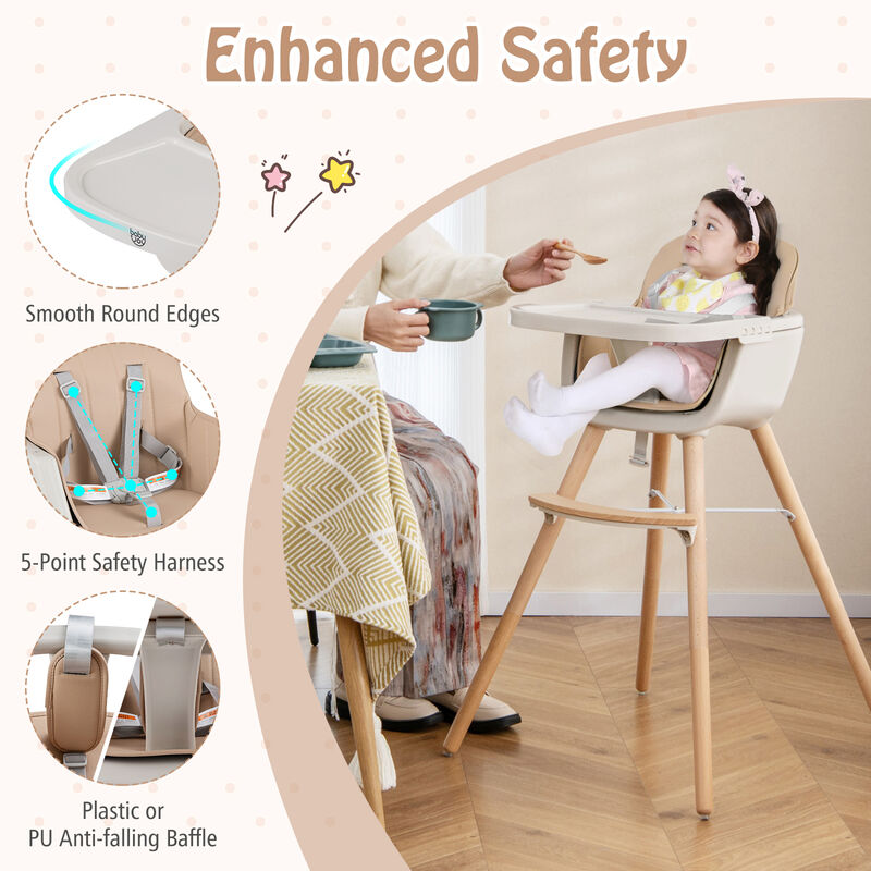 6 in 1 Baby Highchair with Adjustable Legs and Safety Harness, Wooden Convertible Seat image number 6