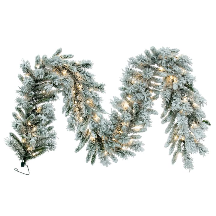 Vickerman 9' Snow Ridge Artificial Christmas Garland - Pure White LED Lights - Faux Snowy Christmas Garland - Flocked Garland - Indoor Seasonal Home Decor