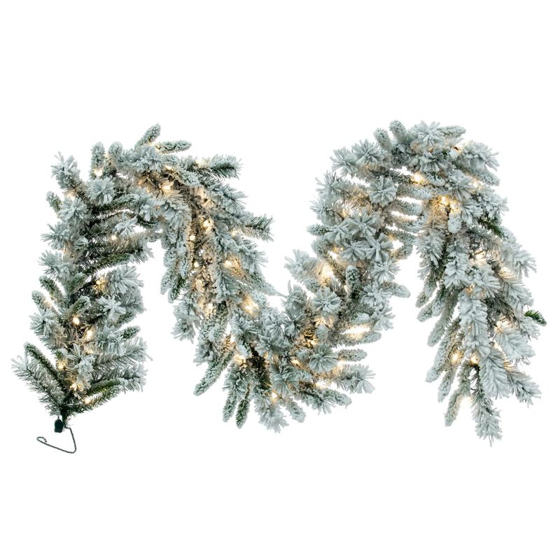 Vickerman 9' Snow Ridge Artificial Christmas Garland - Pure White LED Lights - Faux Snowy Christmas Garland - Flocked Garland - Indoor Seasonal Home Decor image number 0