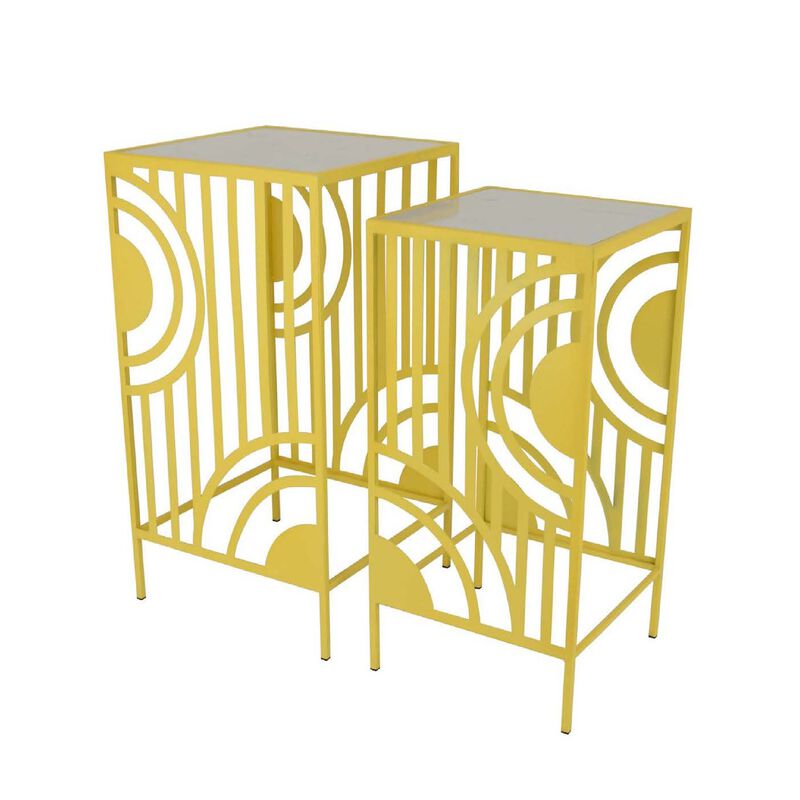 Percy Plant Stand Table Set of 2, Marble Top, Gold Metal 26, 24 Inch