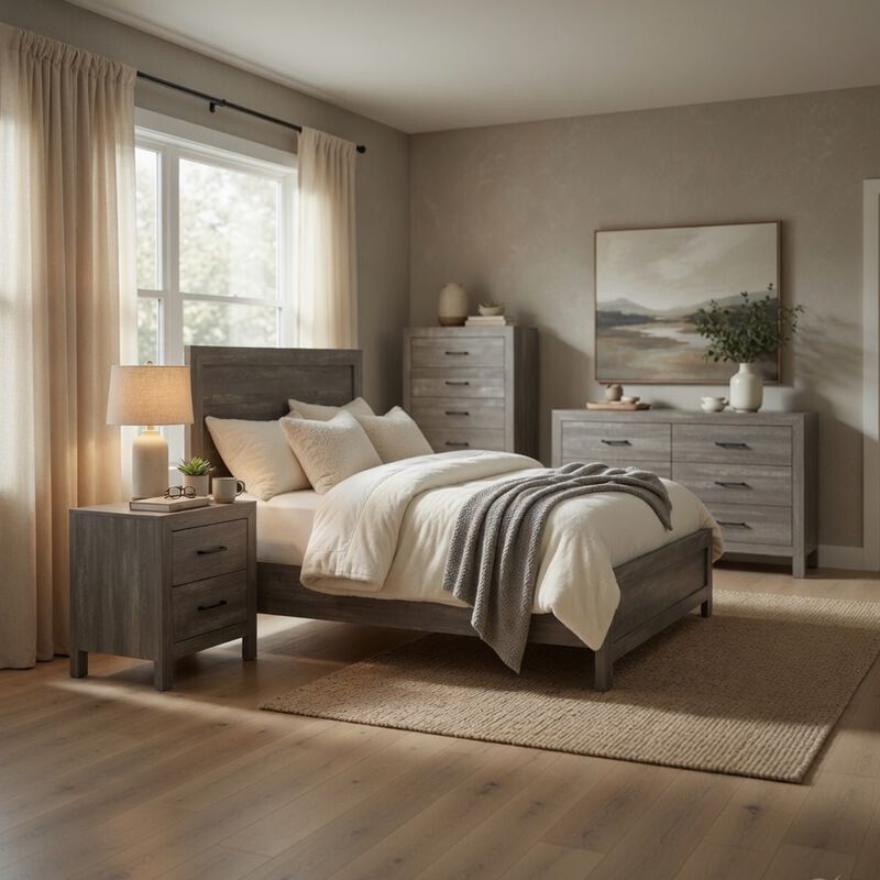 King Bedroom Set, Farmhouse Style, Gray, 5 Piece Set with 2 Nightstands, Dresser, and Chest image number 8