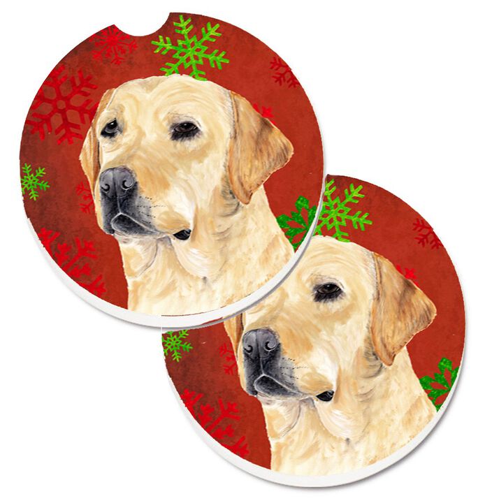 Caroline's Treasures Labrador Red & green Snowflakes Holiday Christmas Set of 2 Cup Holder Car Coasters SC9416CARC, 2.56, Multicolor