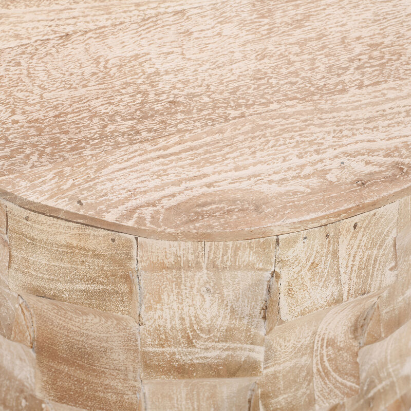 20 Inch Side End Table, Round Drum Shape with 3D Textured Design, Distressed White Finish image number 5