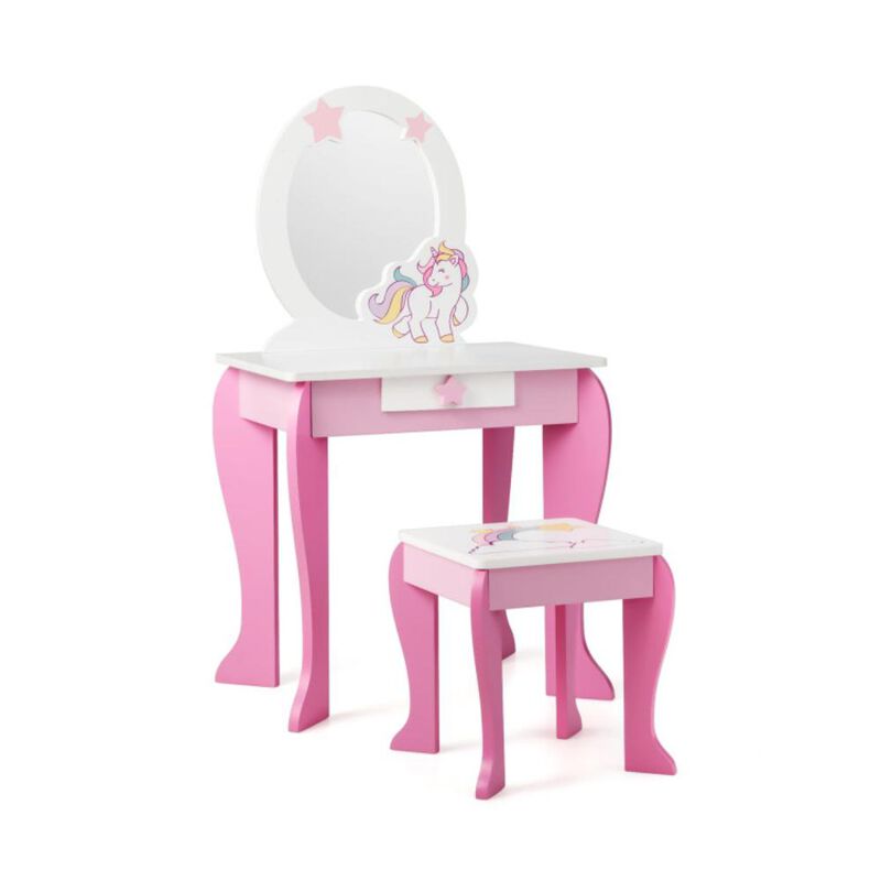 Hivvago Kids Vanity Set Makeup Dressing Table and Chair Set with Mirror and Drawer