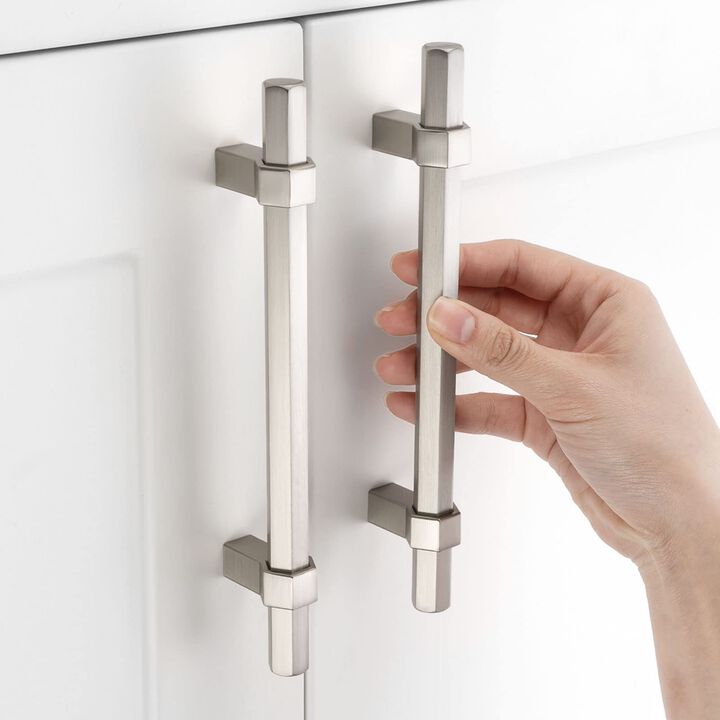 ASKANO Brushed Nickel Cabinet Pulls, 5 Inch Hole Centers, Hexagon Bar Kitchen Cabinet Handles AP1310 | Pack of 10, Solid Hardwar