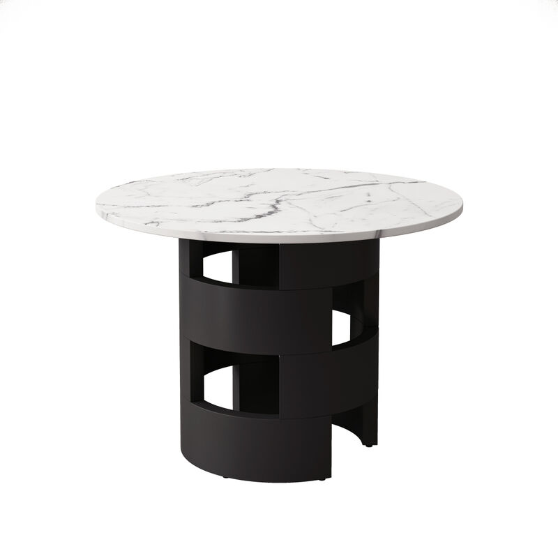 42.12" Modern Round Dining Table with Printed Black Marble Tabletop for Dining Room, Kitchen, Living Room, White+Black