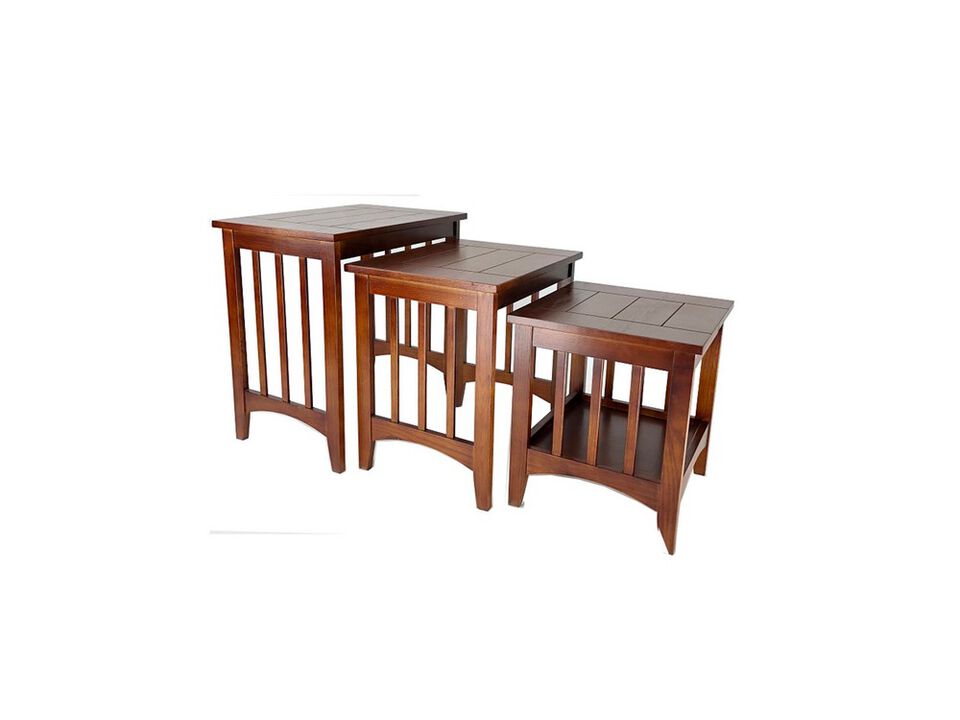 3 Piece Nesting Table with Plank Tabletop and Slatted Sides, Oak Brown - Benzara
