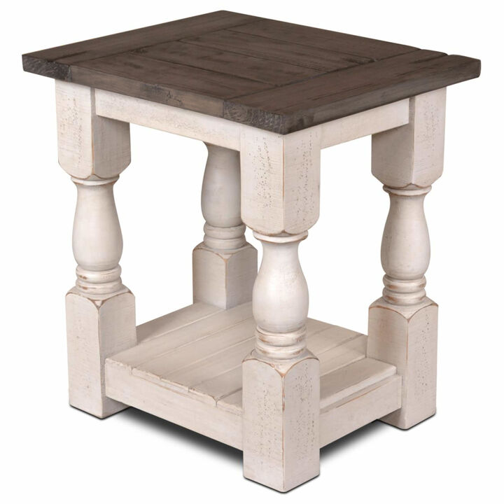 Rustic French 18 in. Cottage White and Brown Rectangular Wood End Table
